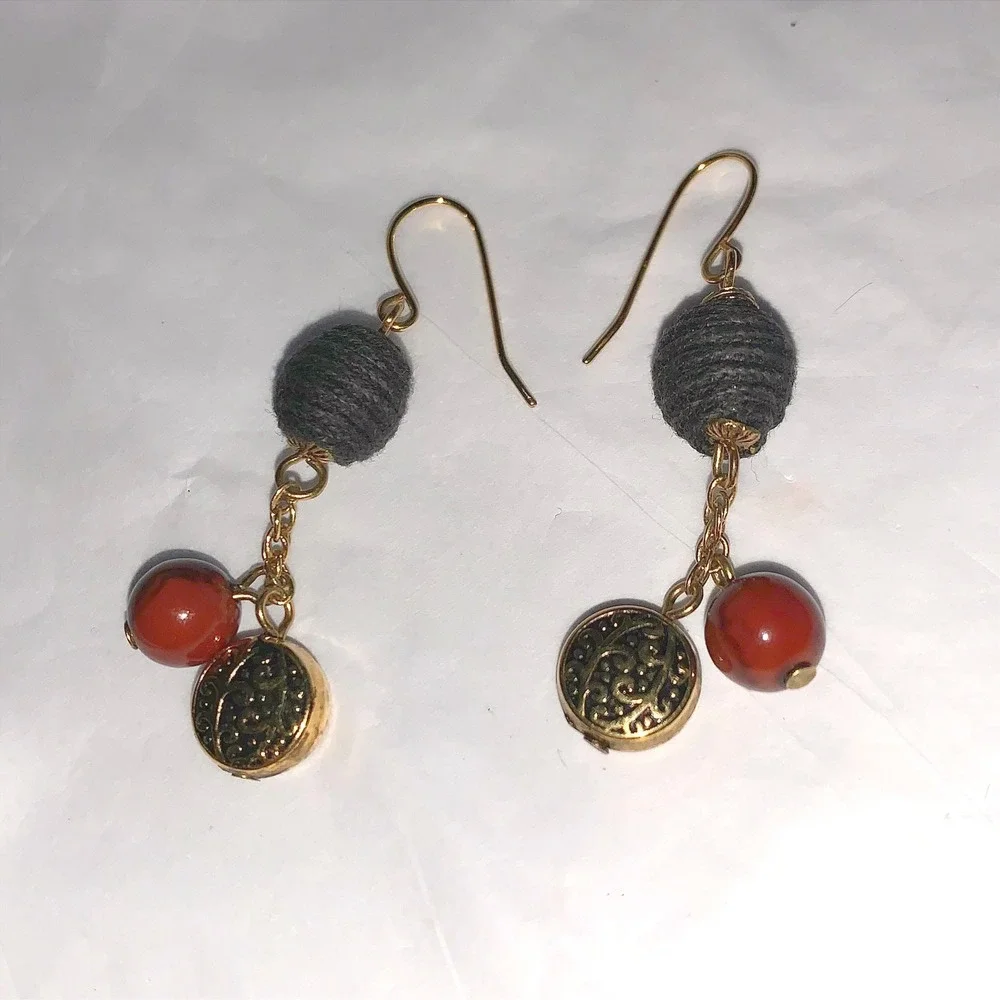 Bohemian Mixed‎ Media Drop Earrings Gold Tone Red Stone Grey Thread Bead Dangle